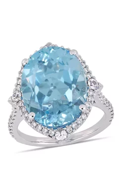 Wholesale โค๏ธ 11 ct. t.w. Blue Topaz, 1/4 ct. t.w. White Sapphire, and 3/8 ct. t.w. Diamond Halo Cocktail Ring in 14K White Gold by Belk & Co. โจ