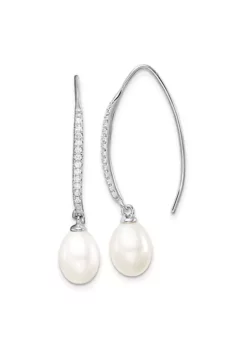 Wholesale ✔️ Sterling Silver Rhodium-plated 7-8mm Rice Freshwater Cultured Pearl Cubic Zirconia Threader Earrings by Belk & Co. 🔥