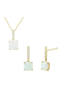 Hot Sale ๐ Lab Created Created Opal and White Sapphire Earring and Necklace Set in 10K Yellow Gold by Belk & Co. ๐
