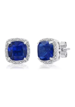 Best Sale 🔔 7 Millimeter Cushion Cut Created Blue Sapphire and Diamond Accent Halo Stud Earrings in Sterling Silver by Belk & Co. 👍