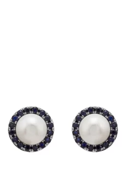 Buy 🌟 5.5 ct. t.w. Freshwater Pearl with 0.74 ct. t.w. Sapphire Earrings in 10k White Gold by Belk & Co. 💯