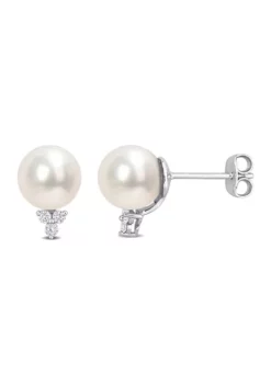 Buy 👏 8-8.5mm Freshwater Cultured Pearl and 1/8 CT TW Diamond Pearl Stud Earrings in Sterling Silver by Belk & Co. 🥰