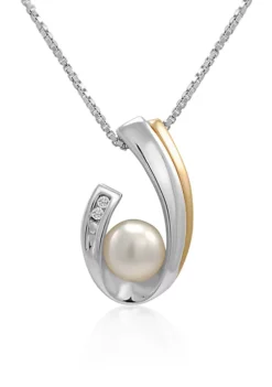 Best Pirce ❤️ Freshwater Pearl & Diamond Necklace in Sterling Silver and 14K Yellow Gold by Belk & Co. 🎁