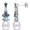 Buy ⭐ Pearl and 2.5 ct. t.w. Blue and White Topaz Cluster Drop Earrings in Sterling Silver by Belk & Co. 🛒