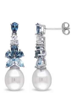 Buy ⭐ Pearl and 2.5 ct. t.w. Blue and White Topaz Cluster Drop Earrings in Sterling Silver by Belk & Co. 🛒