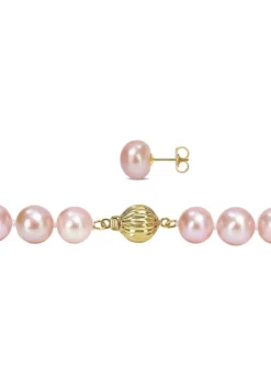 Best Sale 🧨 9-10mm Pink Cultured Freshwater Pearl Strand Necklace and Stud Earrings 2-Piece Set with 14k Yellow Gold by Belk & Co. 🔔 -DealsBelk & Co. Store Belk 9374