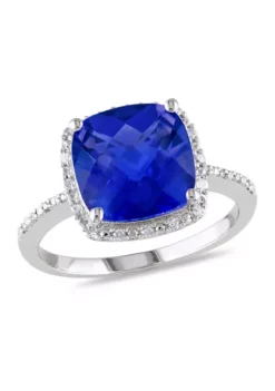Cheapest ๐ Lab Created 1/10 CT TW Diamond and 5 3/4 CT TGW Cushion Cut Created Blue Sapphire Halo Ring in Sterling Silver by Belk & Co. ๐