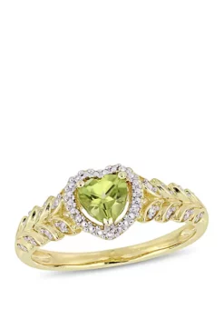 Discount 🎉 1/2 ct. t.w. Peridot and 0.06 ct. t.w. Diamond Halo Heart Ring in 10k Yellow Gold by Belk & Co. 🥰