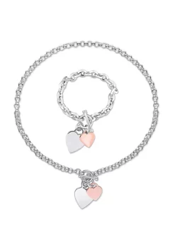 Best Sale 🎉 2 Piece Set of Heart Charm Bracelet and Necklace in Two-Tone Rose and White Sterling Silver by Belk & Co. 👍 -DealsBelk & Co. Store Belk 9946